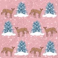 deer, artiodactyls, animals, blue spruce, fir trees, snow, snow picture, Christmas, new year, winter, snowflakes